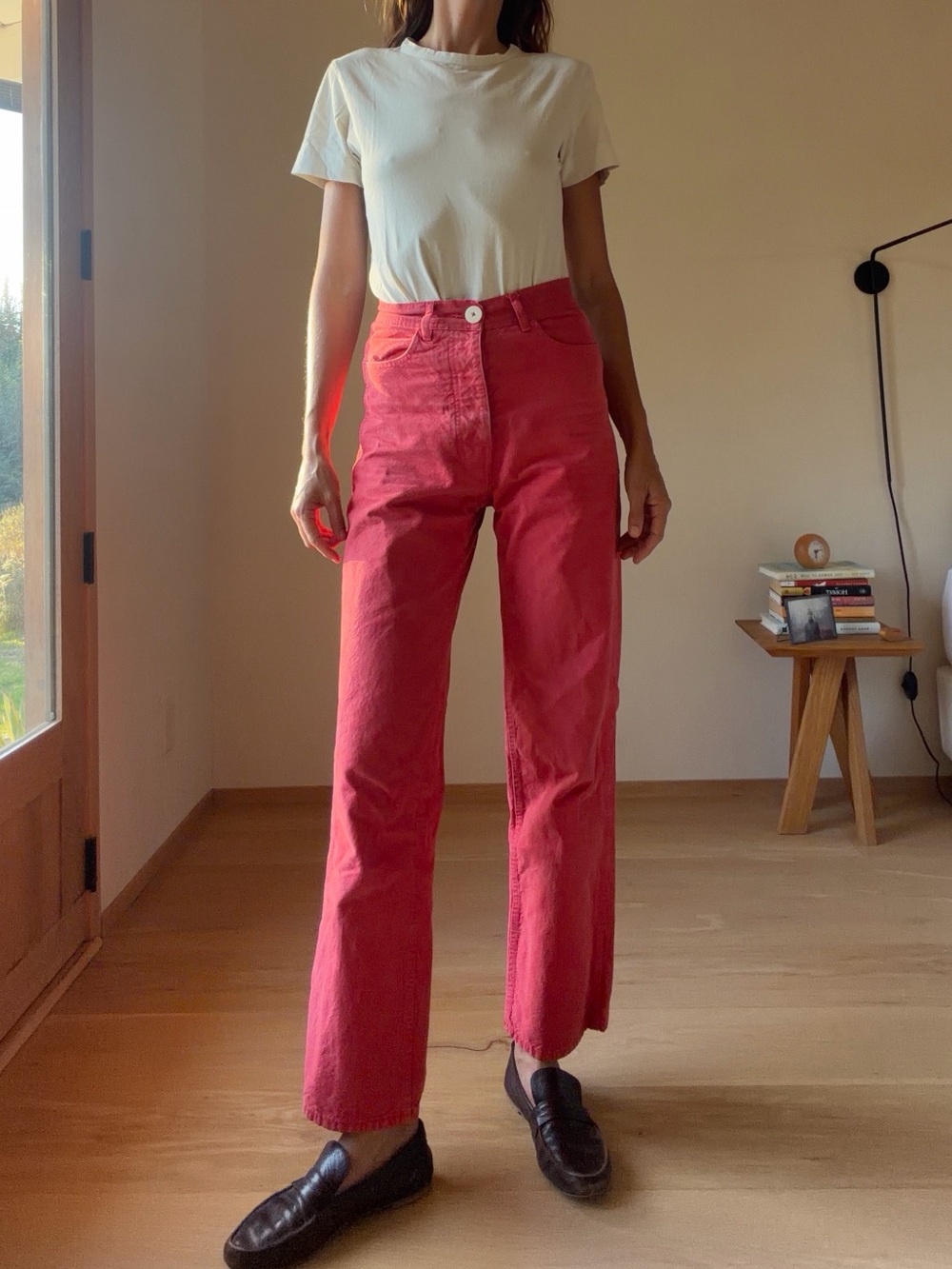Jesse Kamm High-Rise Straight Jeans in Coral Pink